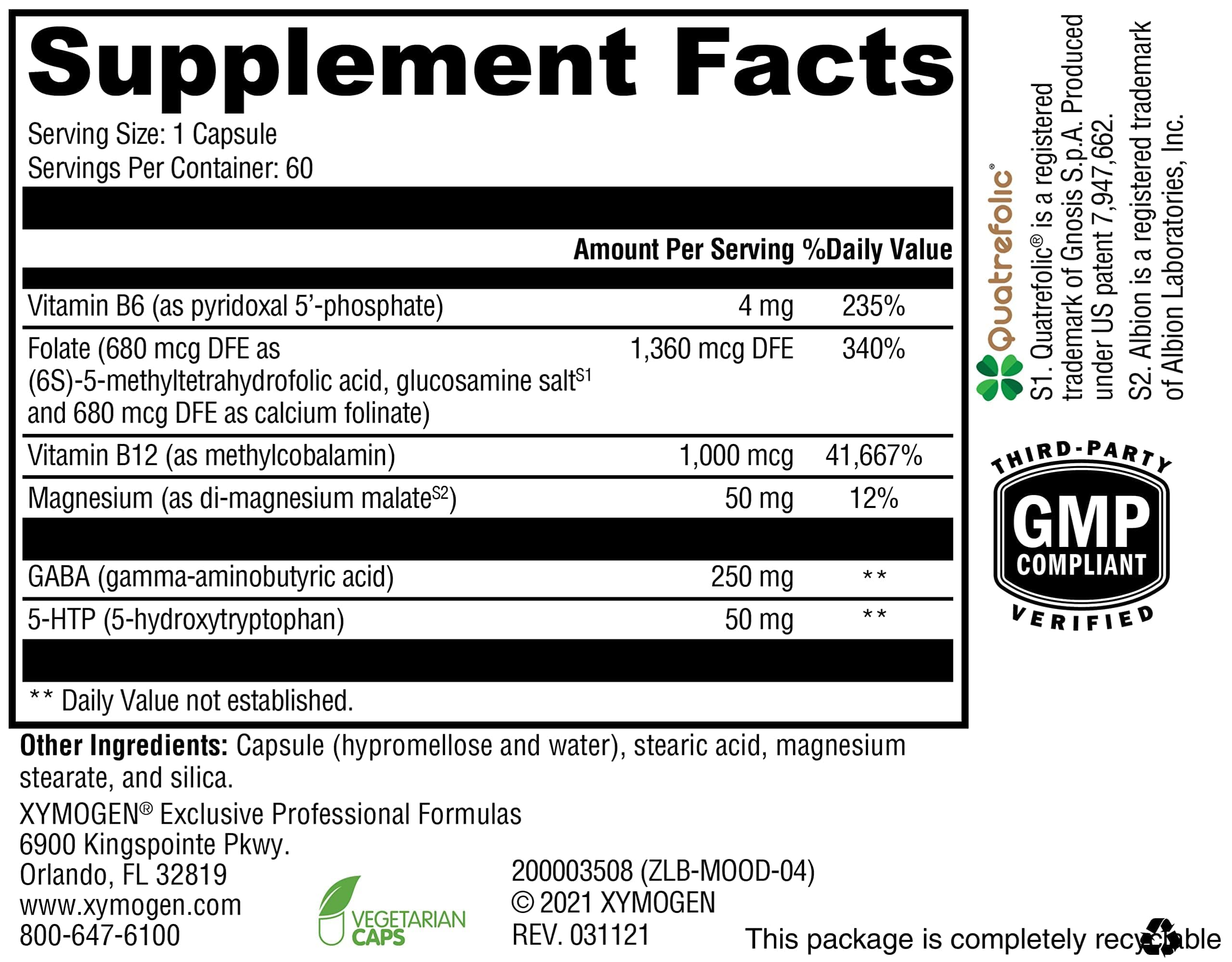 XYMOGEN Mood Food 5-HTP Supplement side view showing ingredients