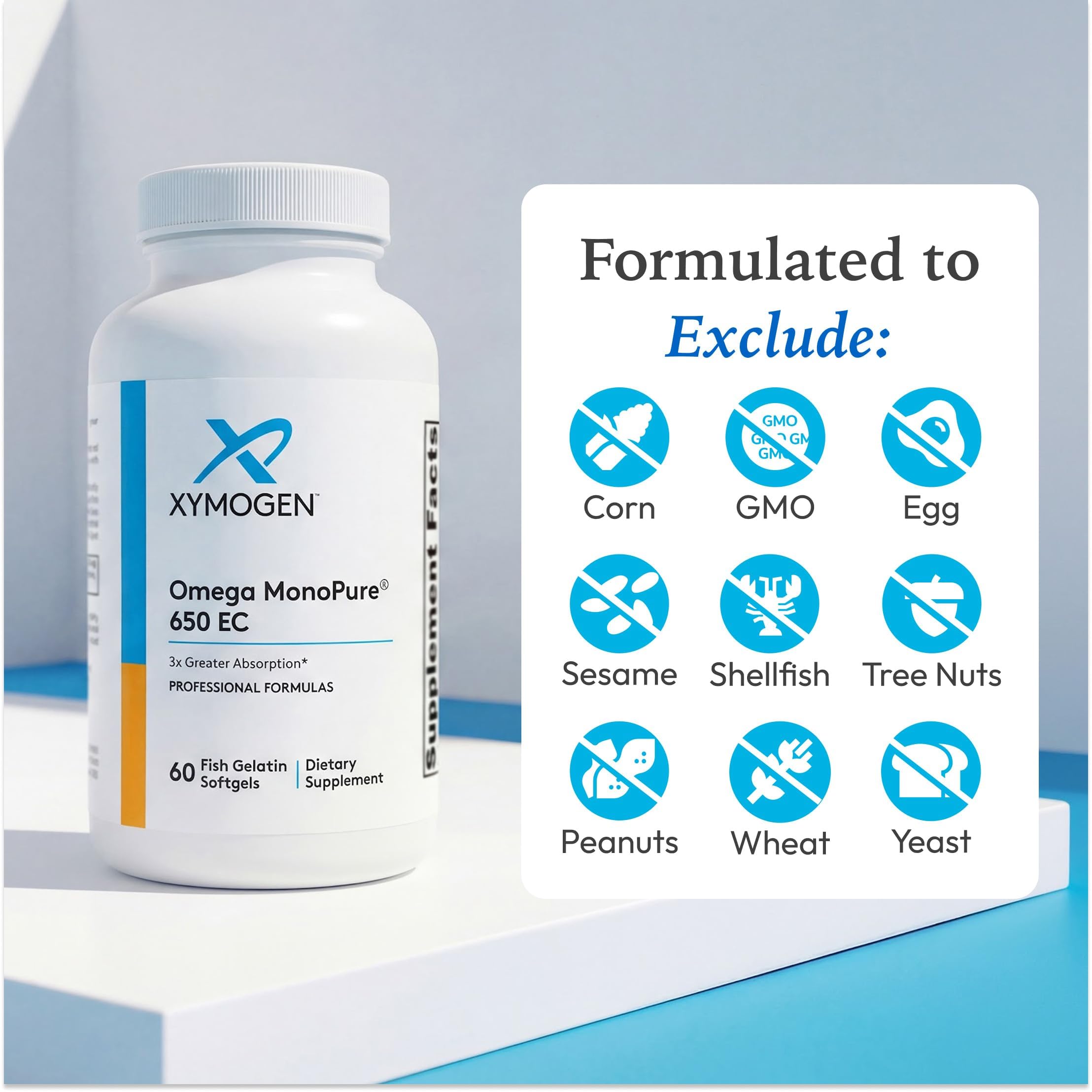 XYMOGEN Omega MonoPure 650 EC Fish Oil Supplement on a table