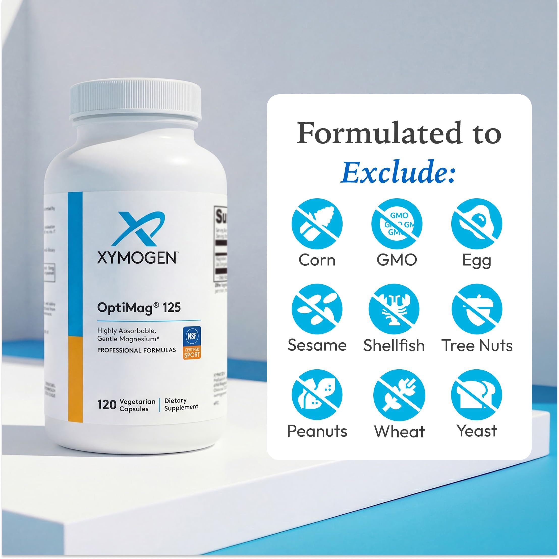 XYMOGEN OptiMag 125 Magnesium Supplement on a wooden table