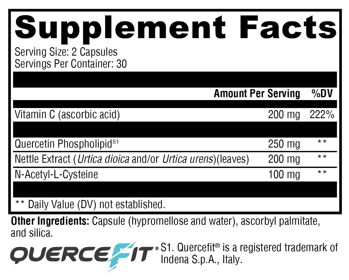 XYMOGEN Quercetin 20× Plus supplement side view showing dosage information