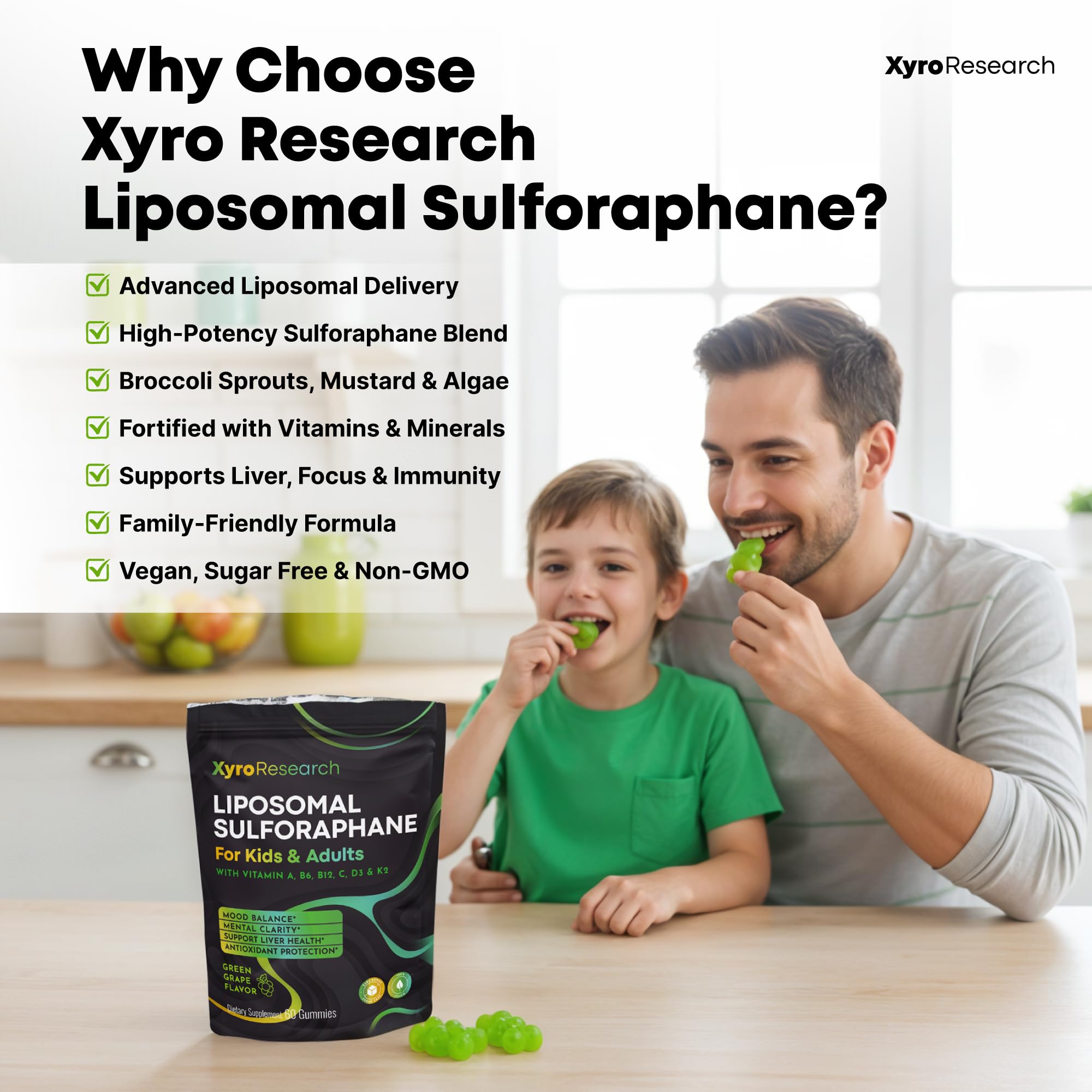 Xyro Research Liposomal Sulforaphane Gummies displayed on a wooden table