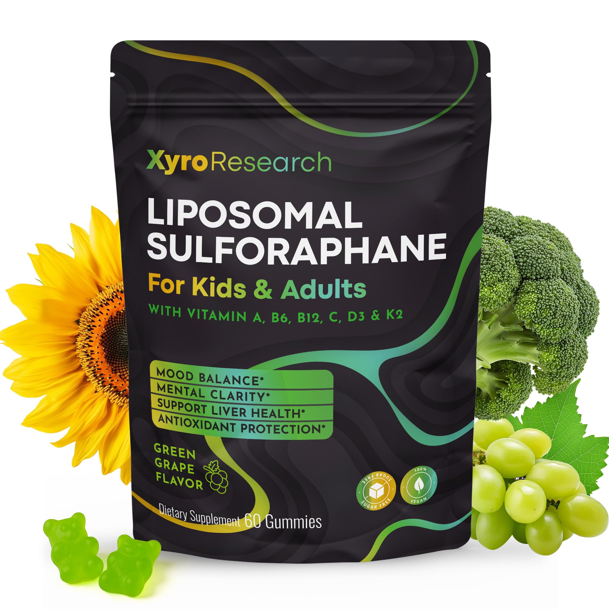Xyro Research Liposomal Sulforaphane Gummies front view with packaging