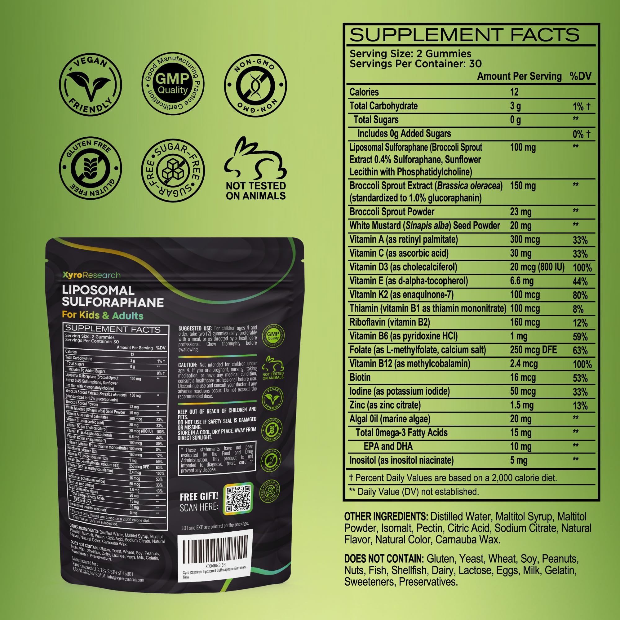 Xyro Research Liposomal Sulforaphane Gummies in a hand