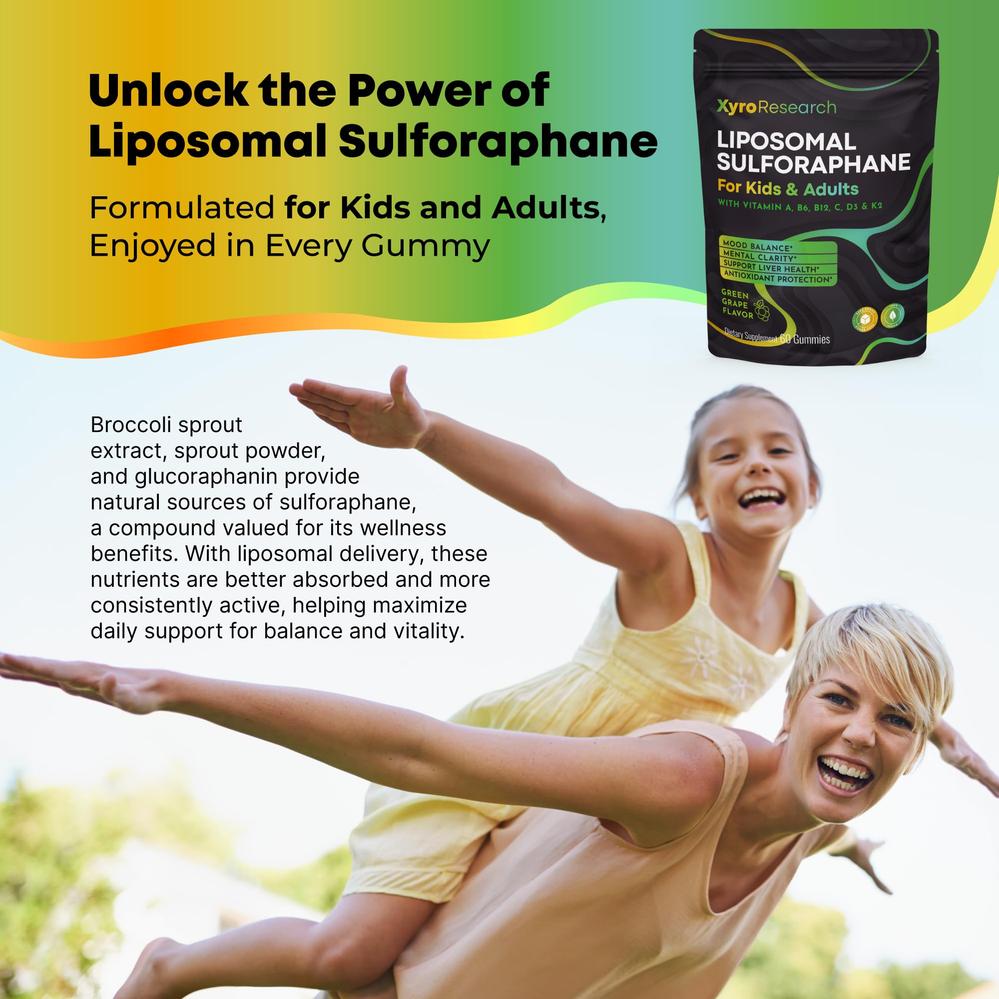 Xyro Research Liposomal Sulforaphane Gummies showing green grape flavour
