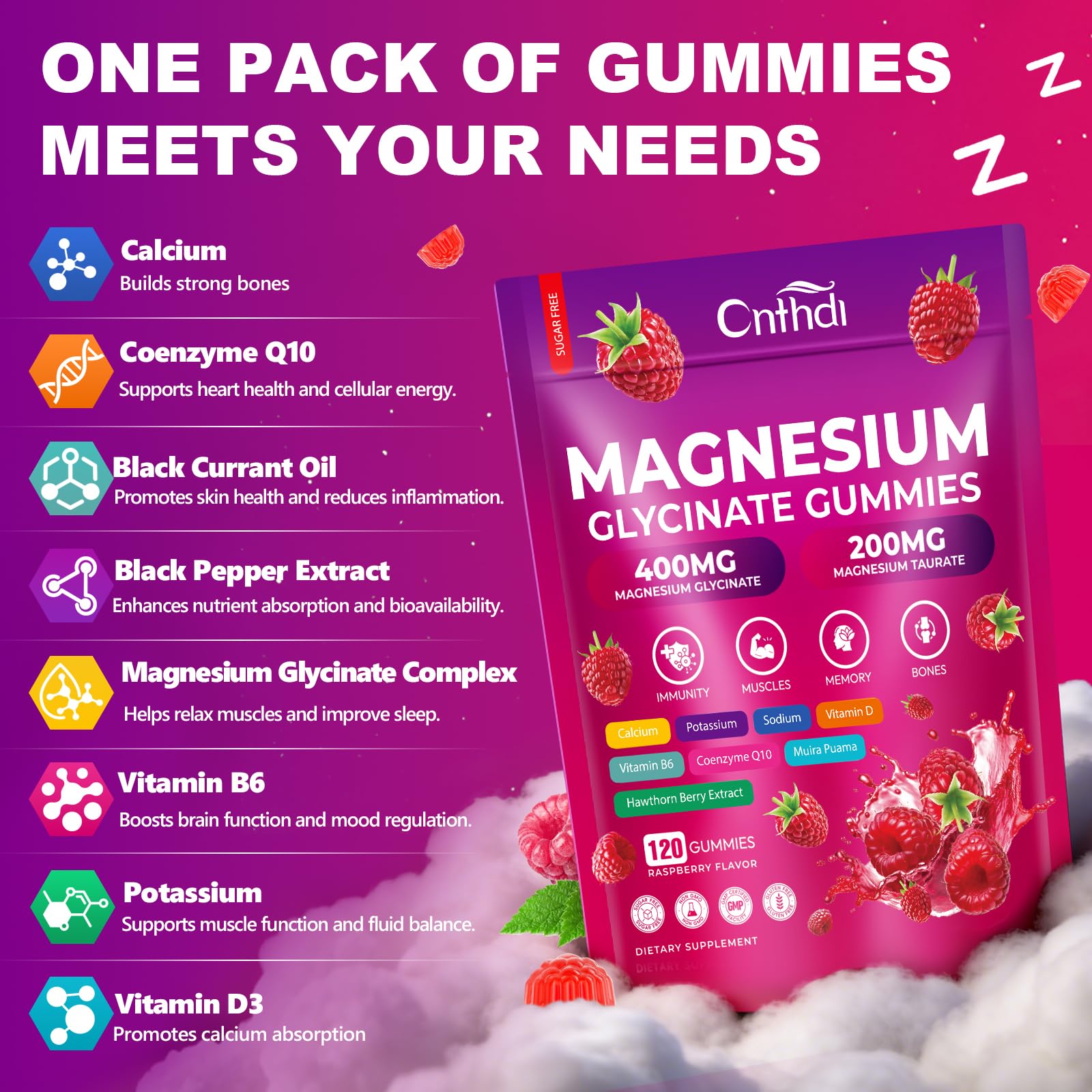 Xytora Magnesium Gummies in a bowl with fresh raspberries
