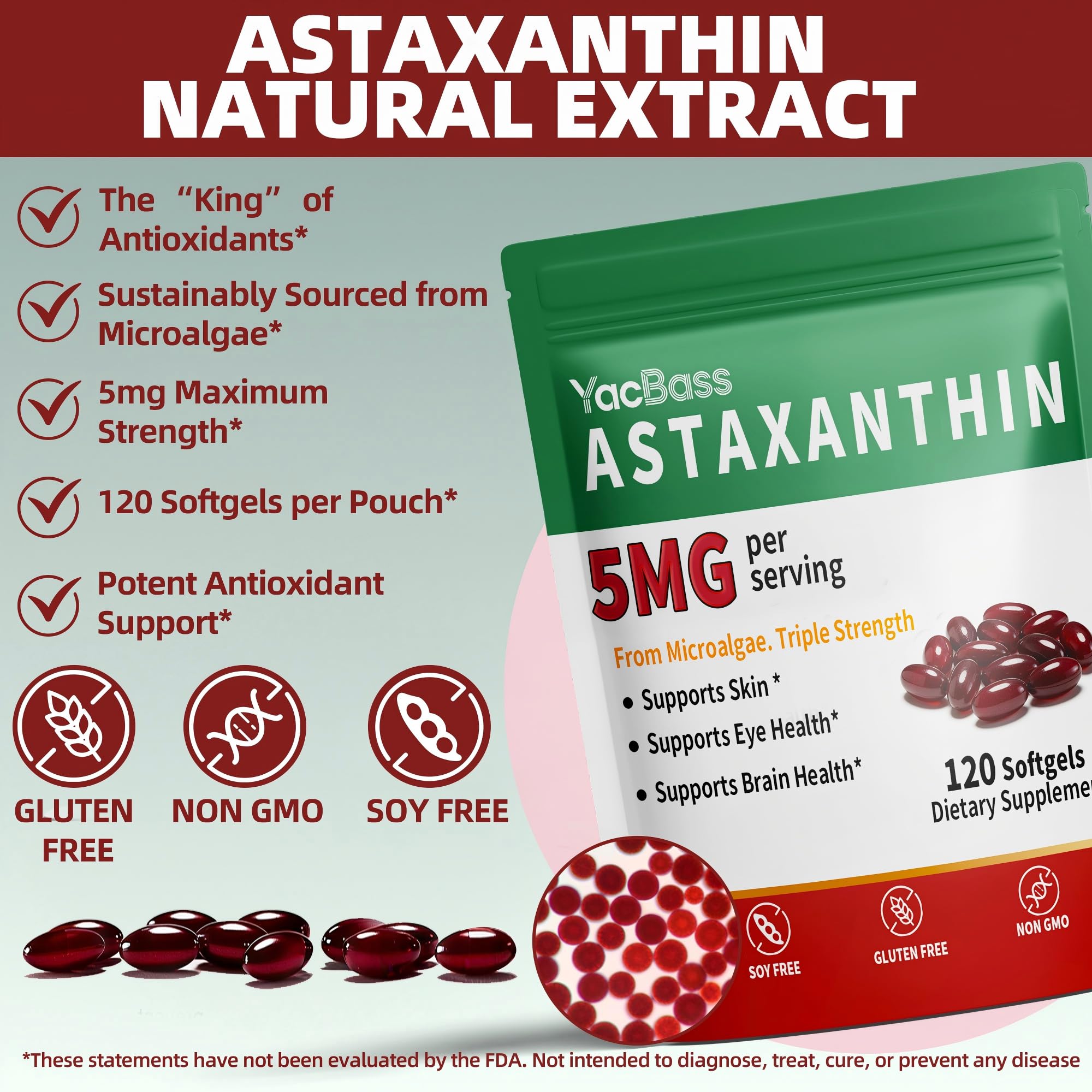YacBass Astaxanthin 5mg Softgels on a wooden table