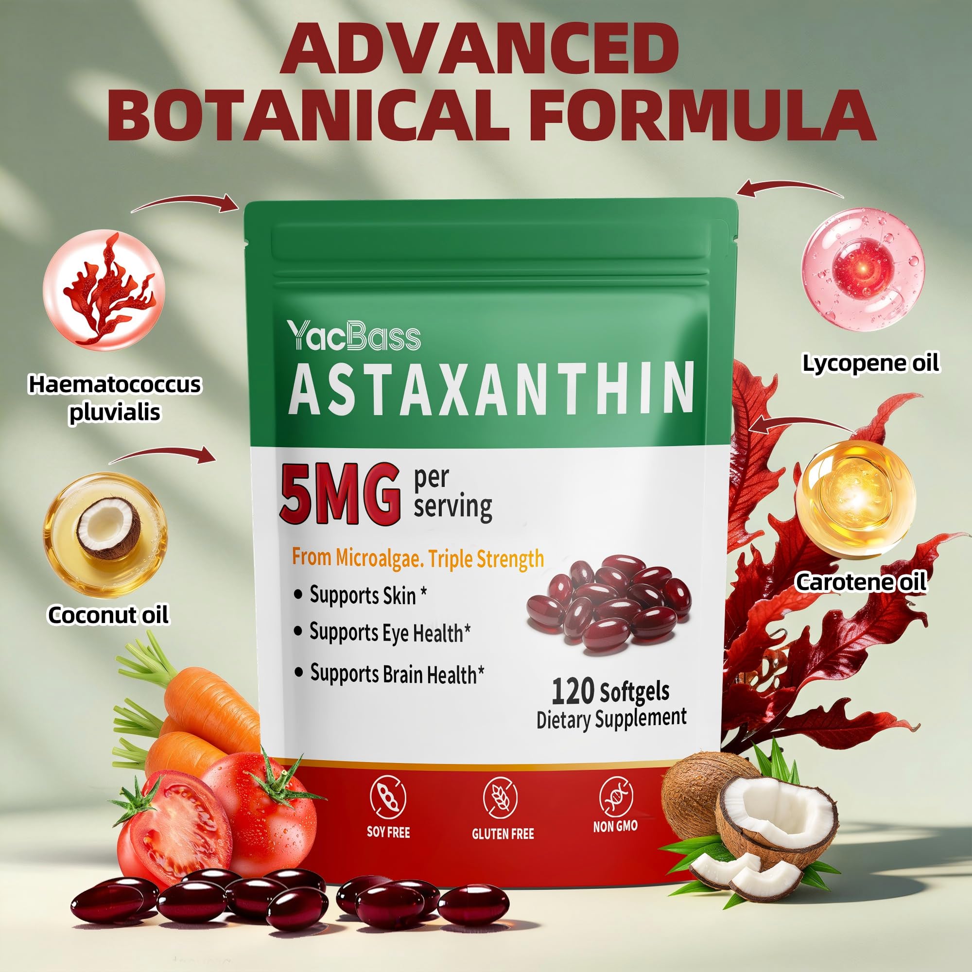 YacBass Astaxanthin Softgels 5mg close-up of softgel