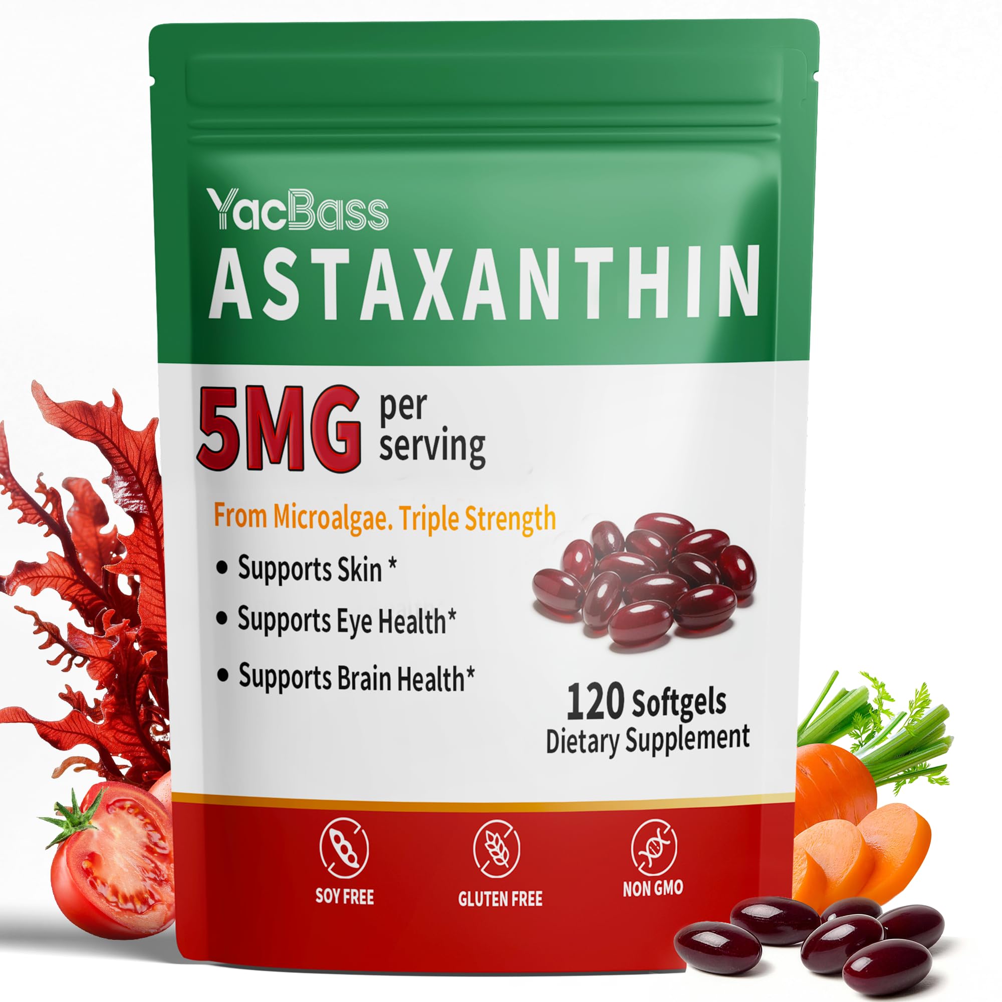 YacBass Astaxanthin Softgels 5mg front view of packaging
