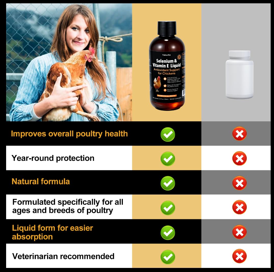 Yakucho E+S Poultry Vitality Formula 109g liquid supplement on a farm
