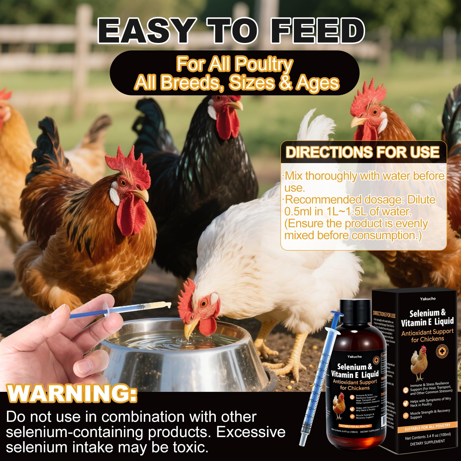 Yakucho E+S Poultry Vitality Formula liquid being mixed with feed