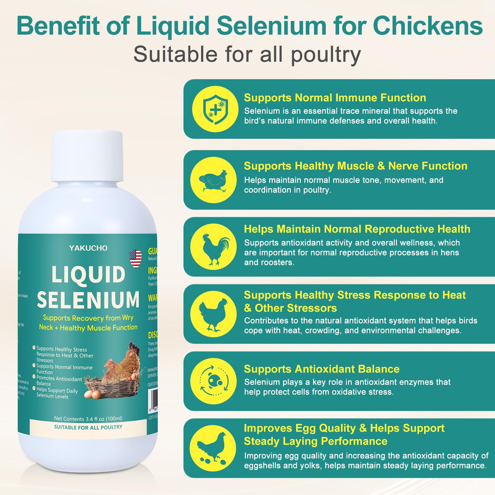 Yakucho Liquid Selenium for Poultry bottle with dosage instructions
