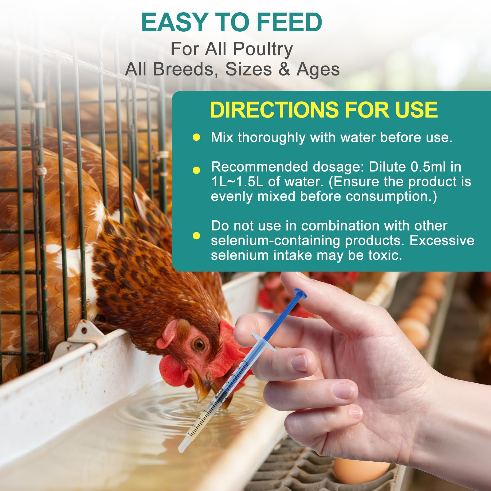 Yakucho Liquid Selenium for Poultry bottle with water mixing