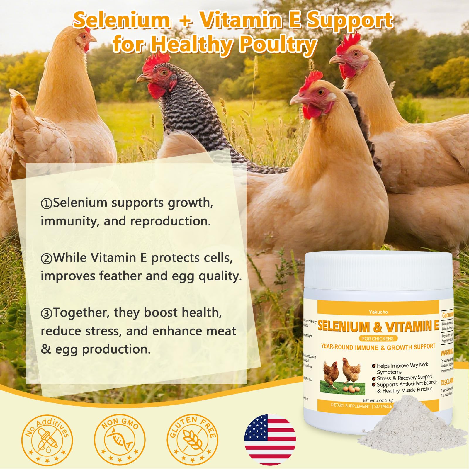 Yakucho Selenium & Vitamin E Powder with chickens in the background