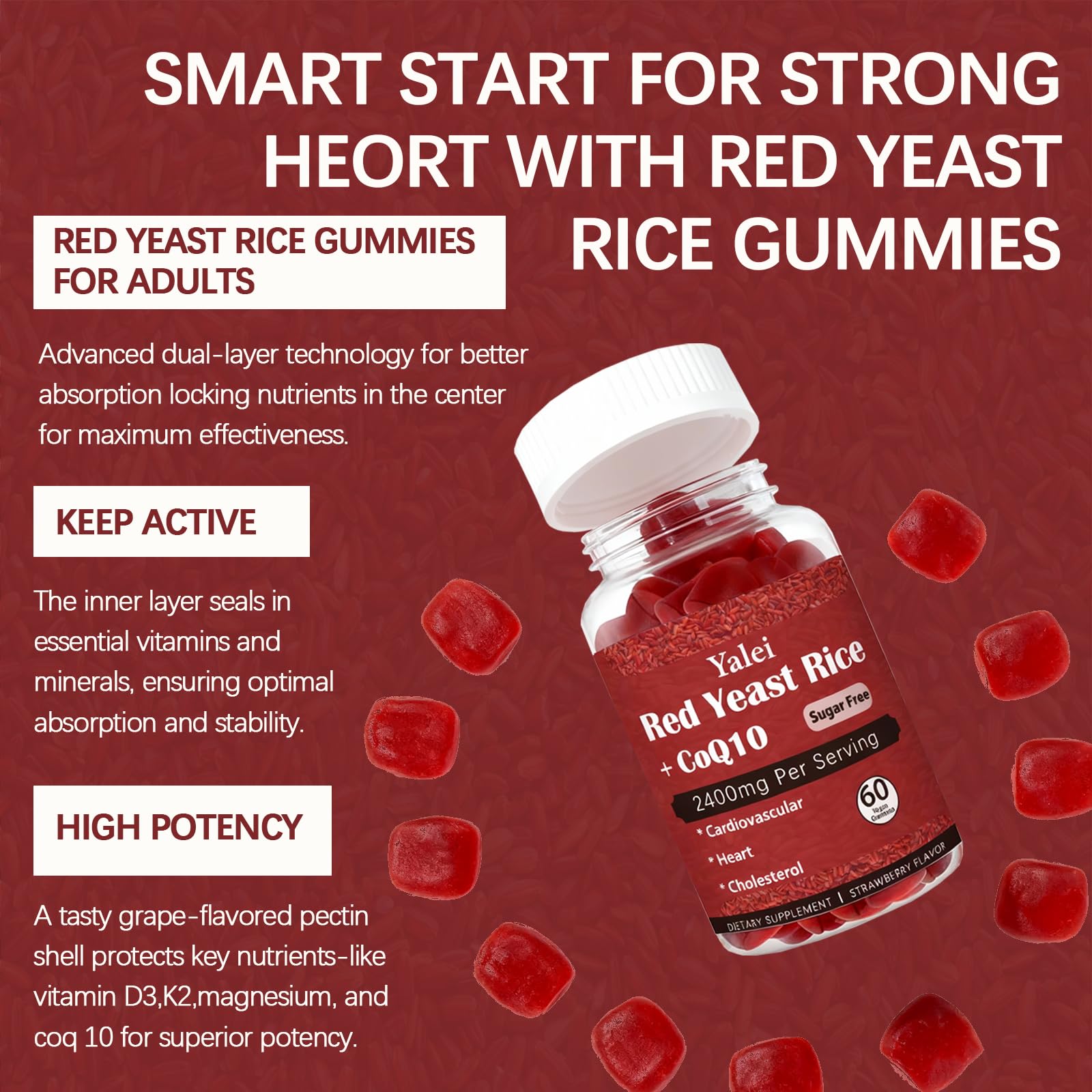 Yalei Red Yeast Rice Gummies displayed with fresh strawberries