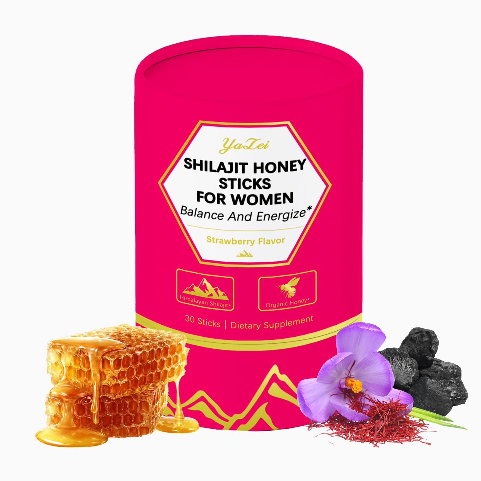 Yalei Strawberry Shilajit Honeysticks on a wooden table