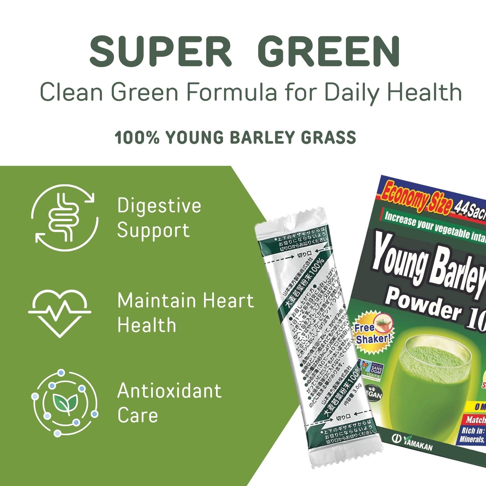 Yamamoto Kanpoh Young Barley Grass Powder 3g sachet with ingredients list