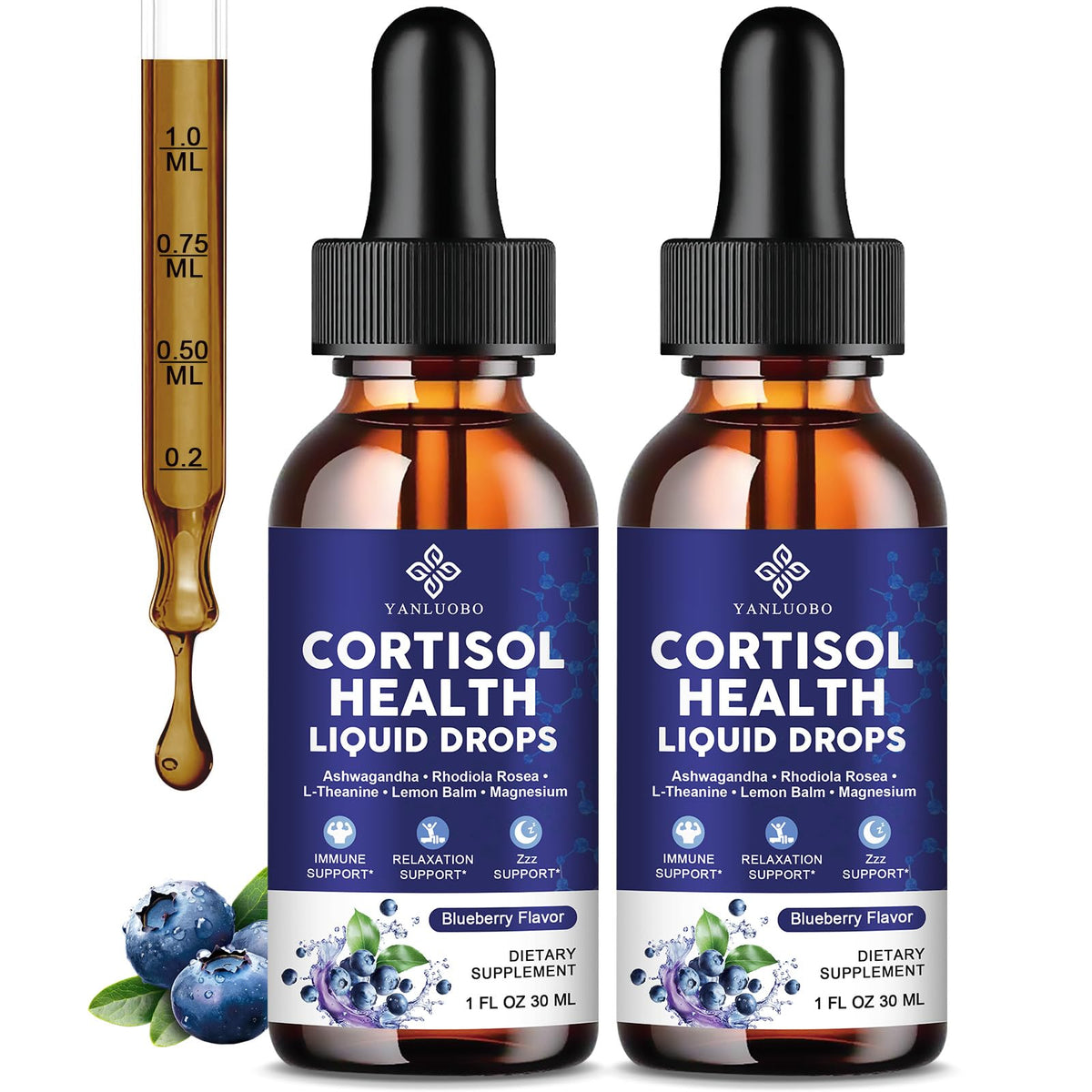 YANLUOBO Cortisol Liquid Drops front view with blueberry flavour