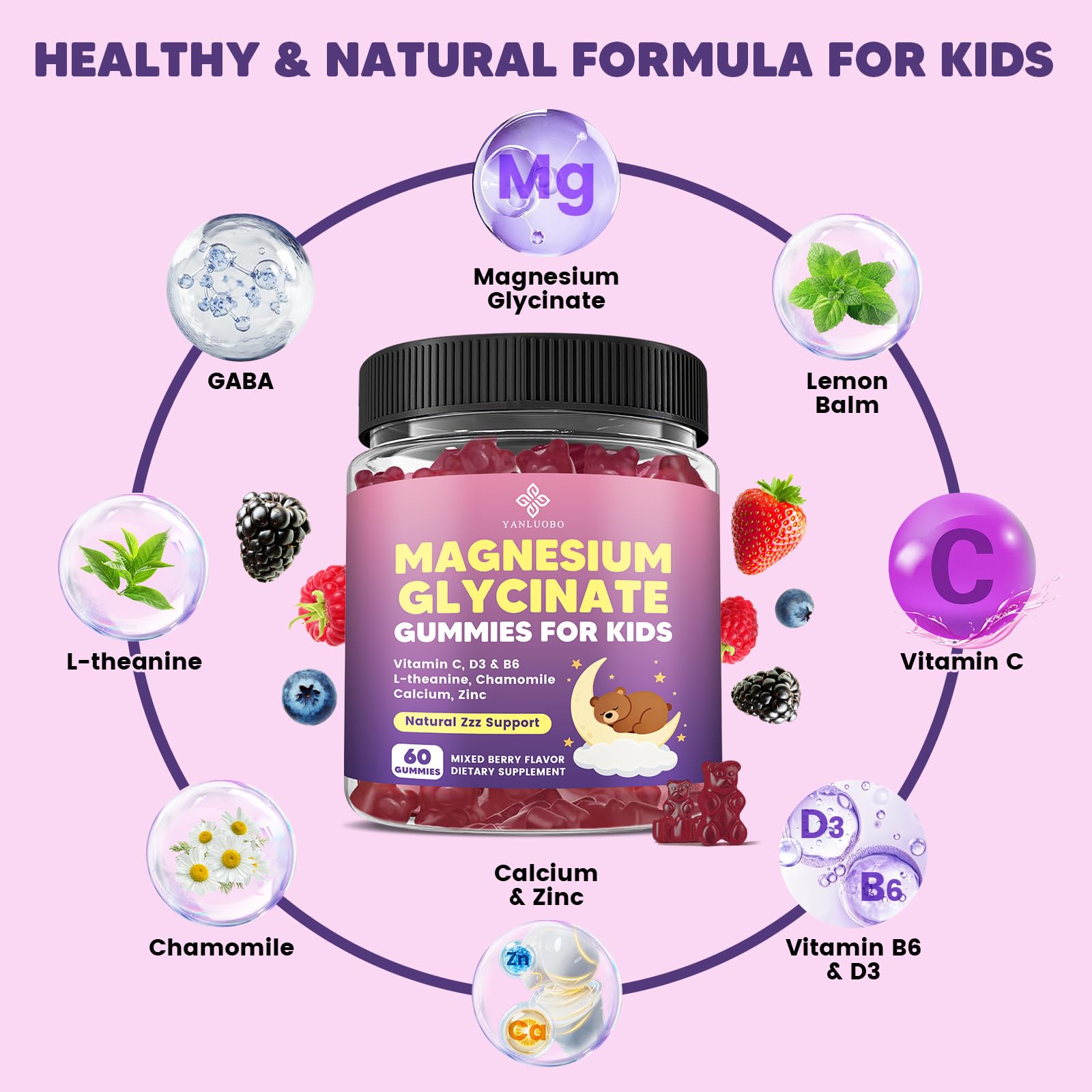 YANLUOBO Kids Magnesium Gummies mixed berry flavour close-up