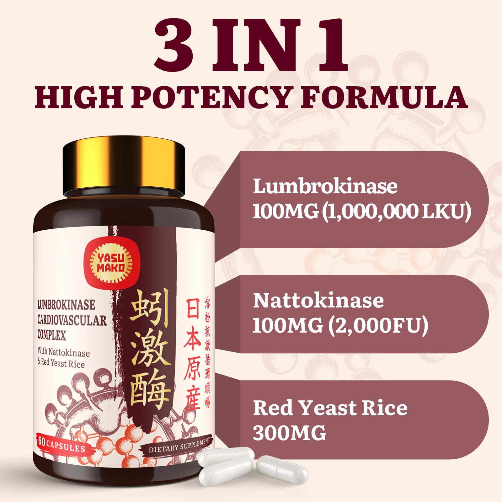Yasumako Lumbrokinase Supplement 100mg capsules close-up
