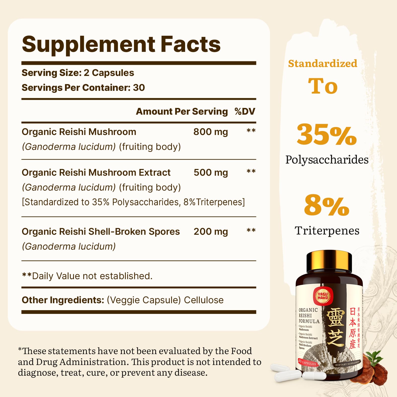 Yasumako Reishi Mushroom Capsules packaging side view