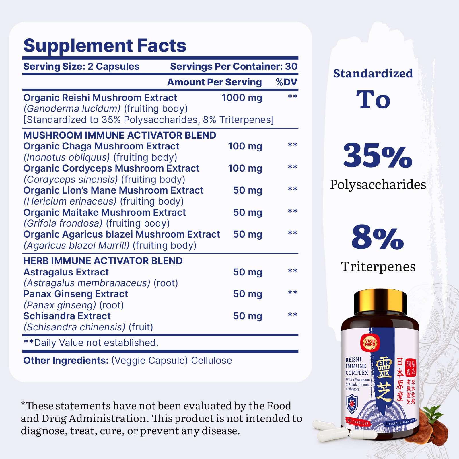 Yasumako Reishi Mushroom Complex capsules with packaging