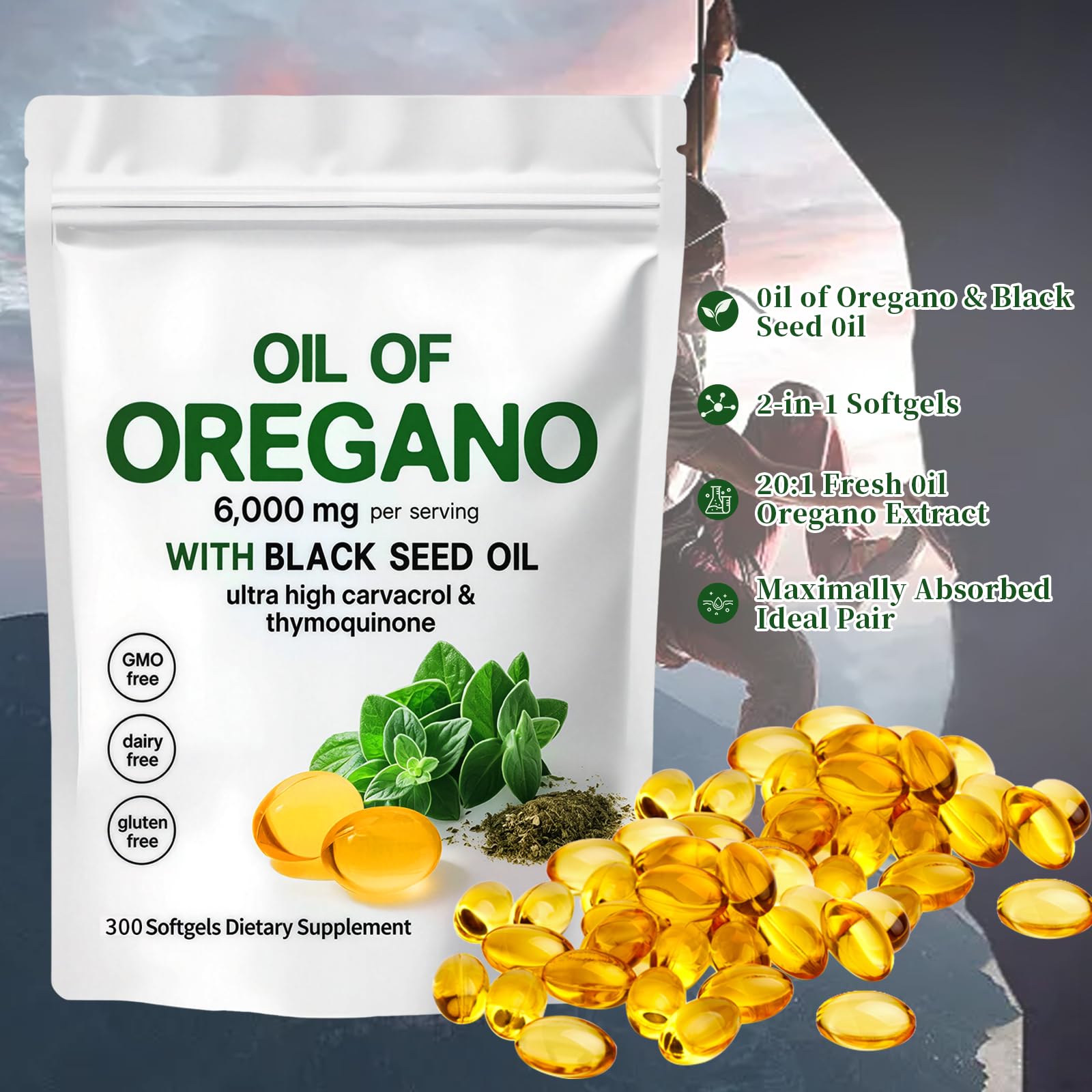 YATIME Oil of Oregano 4-in-1 Supplement softgel on a wooden table