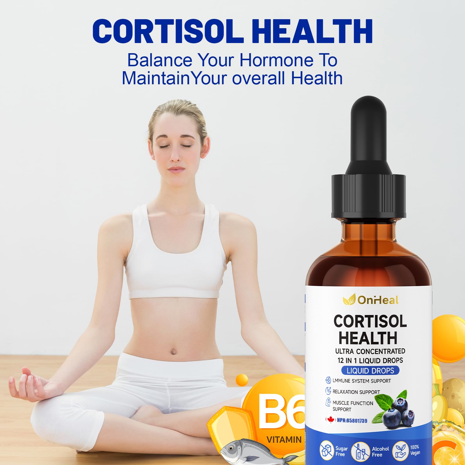 YBFQ Advanced Cortisol Support Liquid Drops 60ml with a glass of water