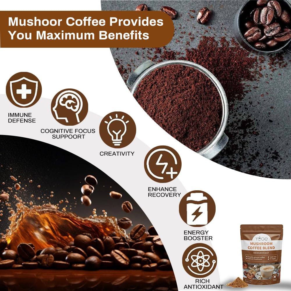 YEGE Mushroom Coffee Blend 200g displayed with coffee preparation