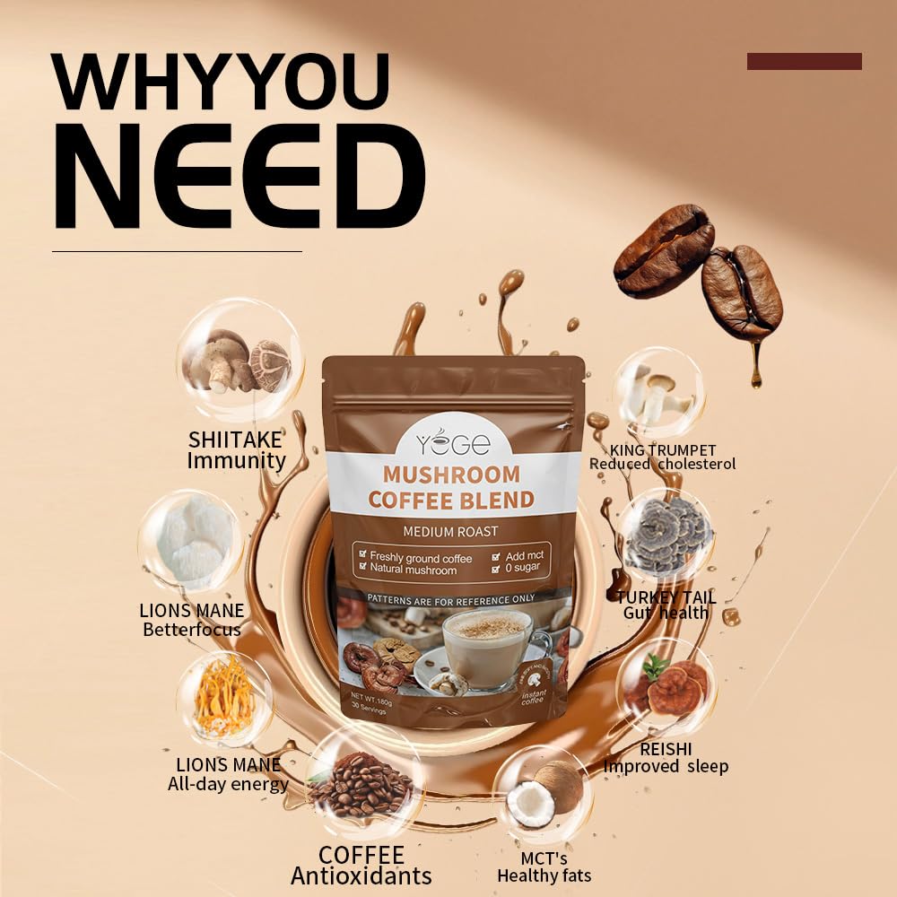 YEGE Mushroom Coffee Blend 200g scoop next to coffee cup