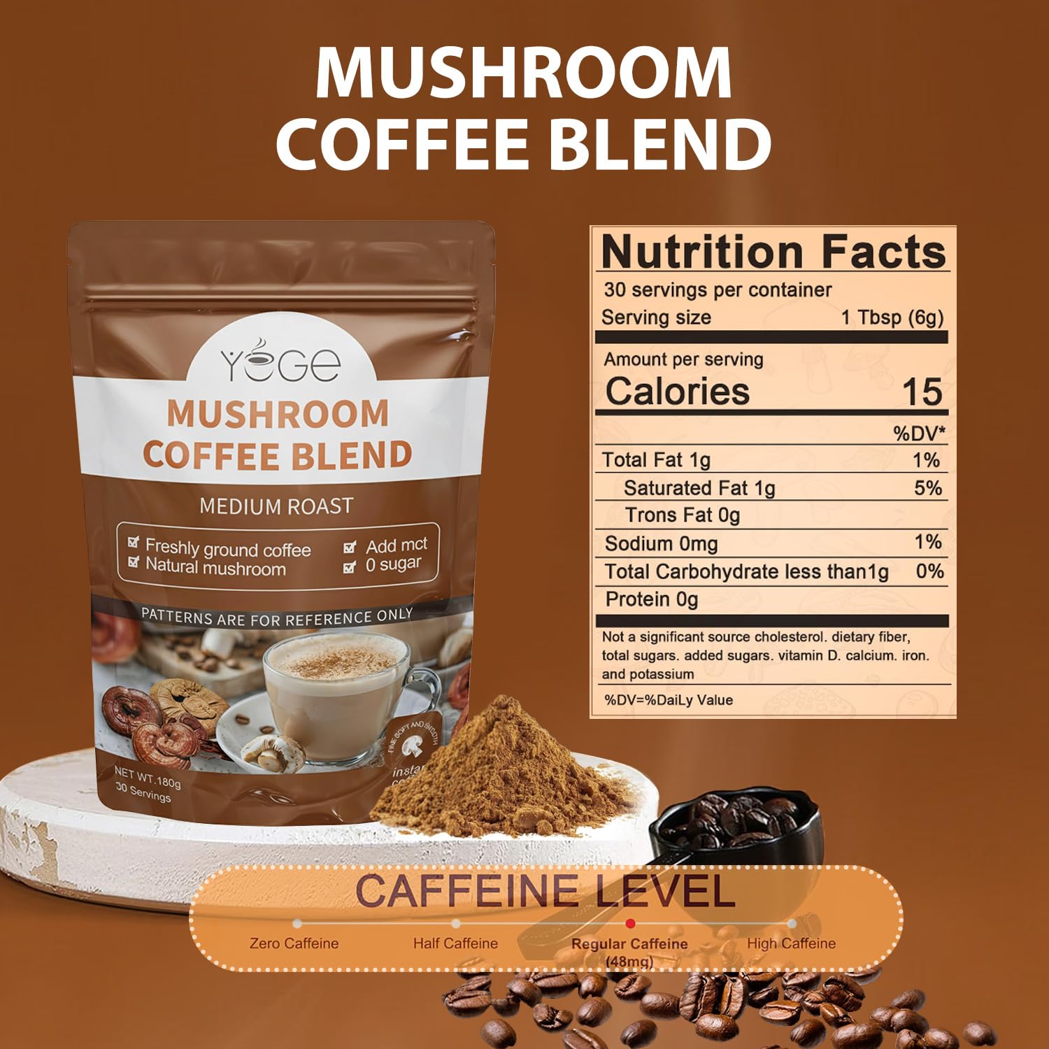 YEGE Mushroom Coffee Blend 200g side view showing ingredients