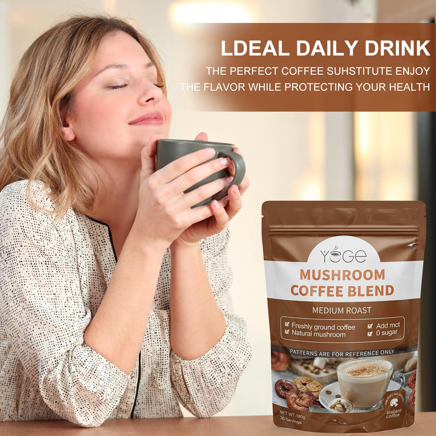 YEGE Mushroom Coffee Blend 200g with a steaming cup of coffee