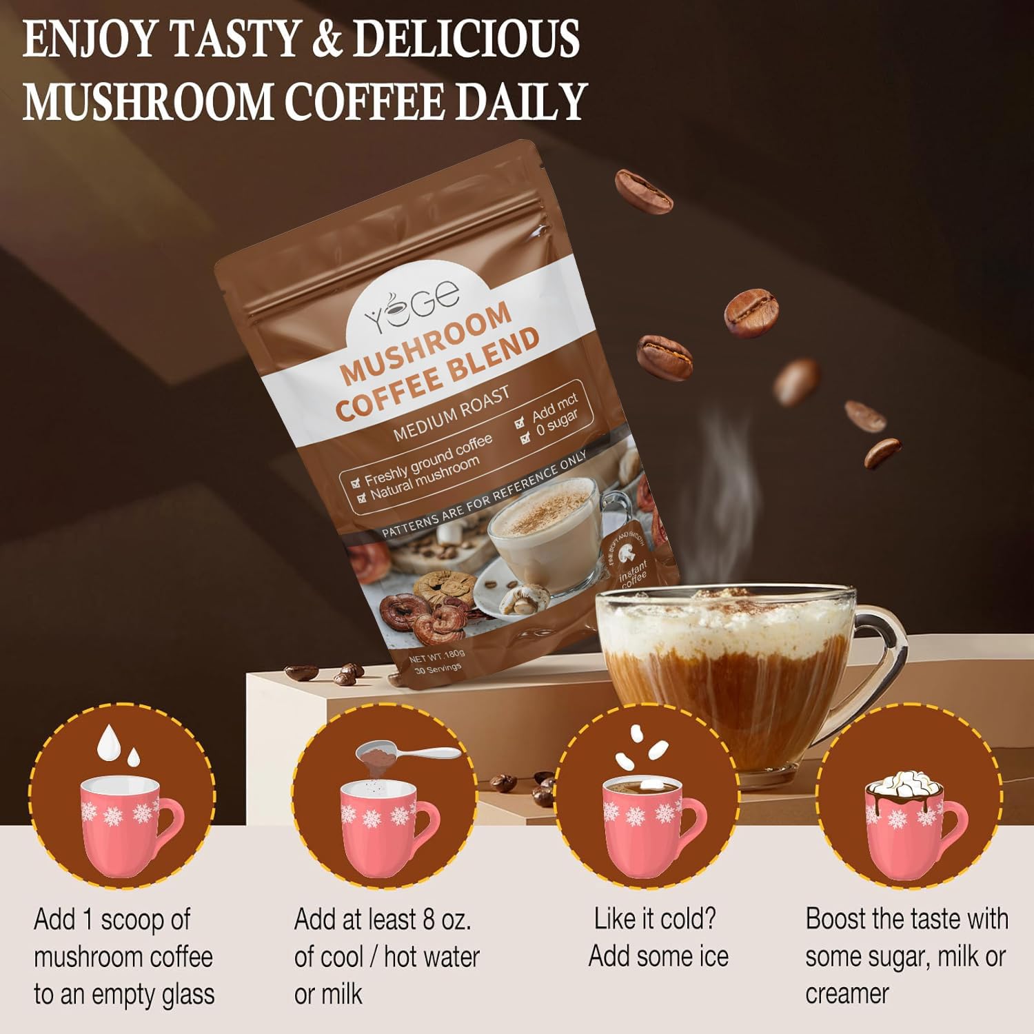 YEGE Mushroom Coffee Blend 200g with coffee beans and mushrooms