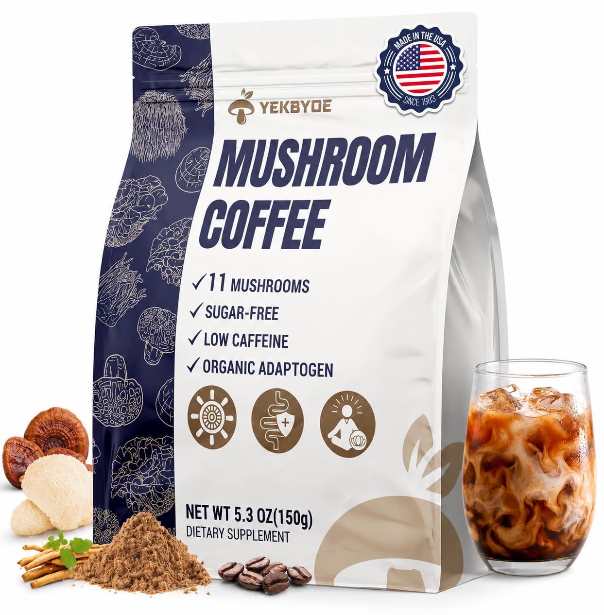 YEKBYOE Organic Mushroom Coffee front view packaging