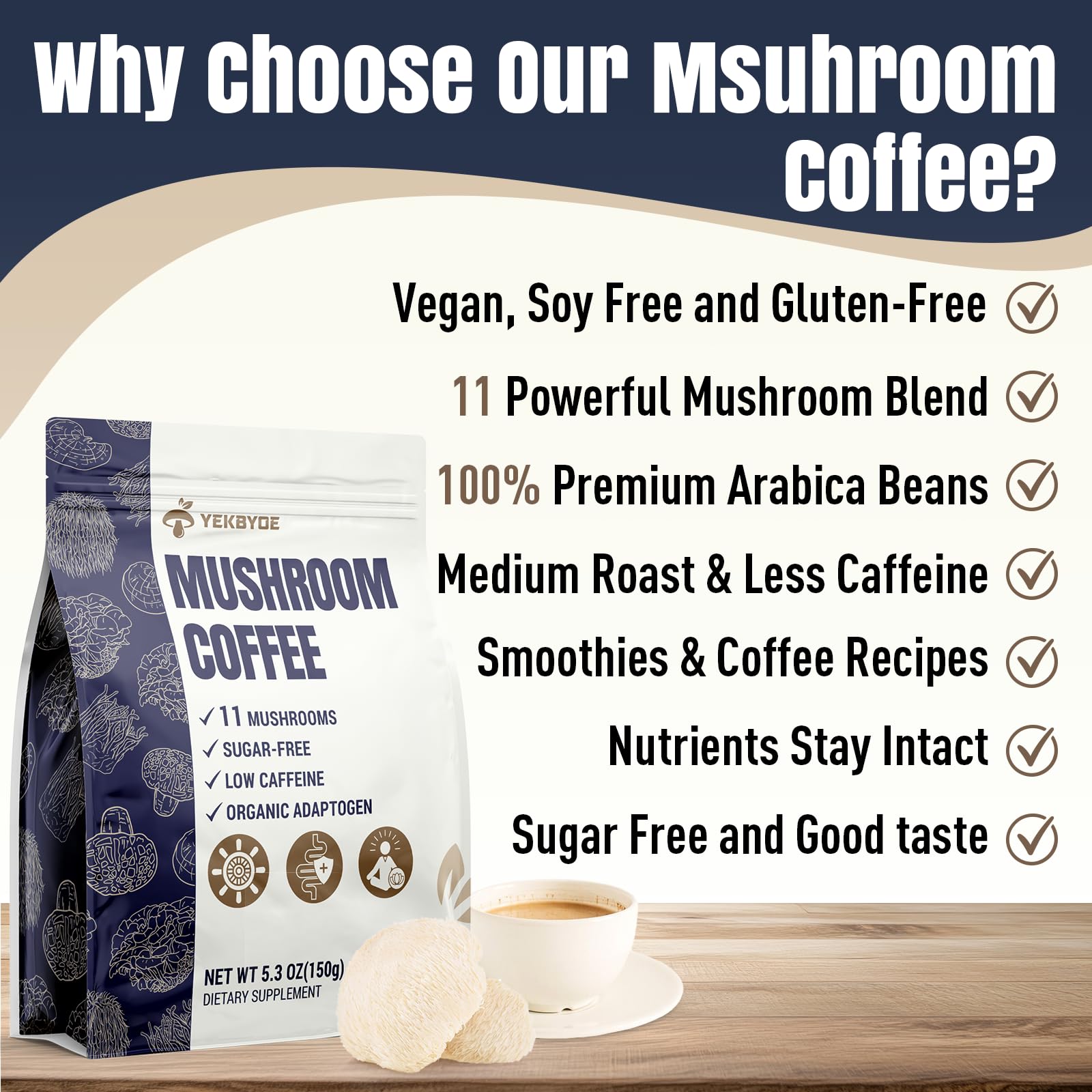 YEKBYOE Organic Mushroom Coffee ingredients close-up