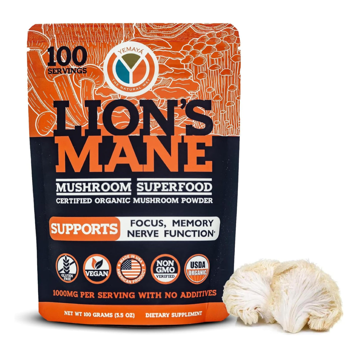 YEMAYA Organic Lion's Mane Mushroom Powder 100g front view