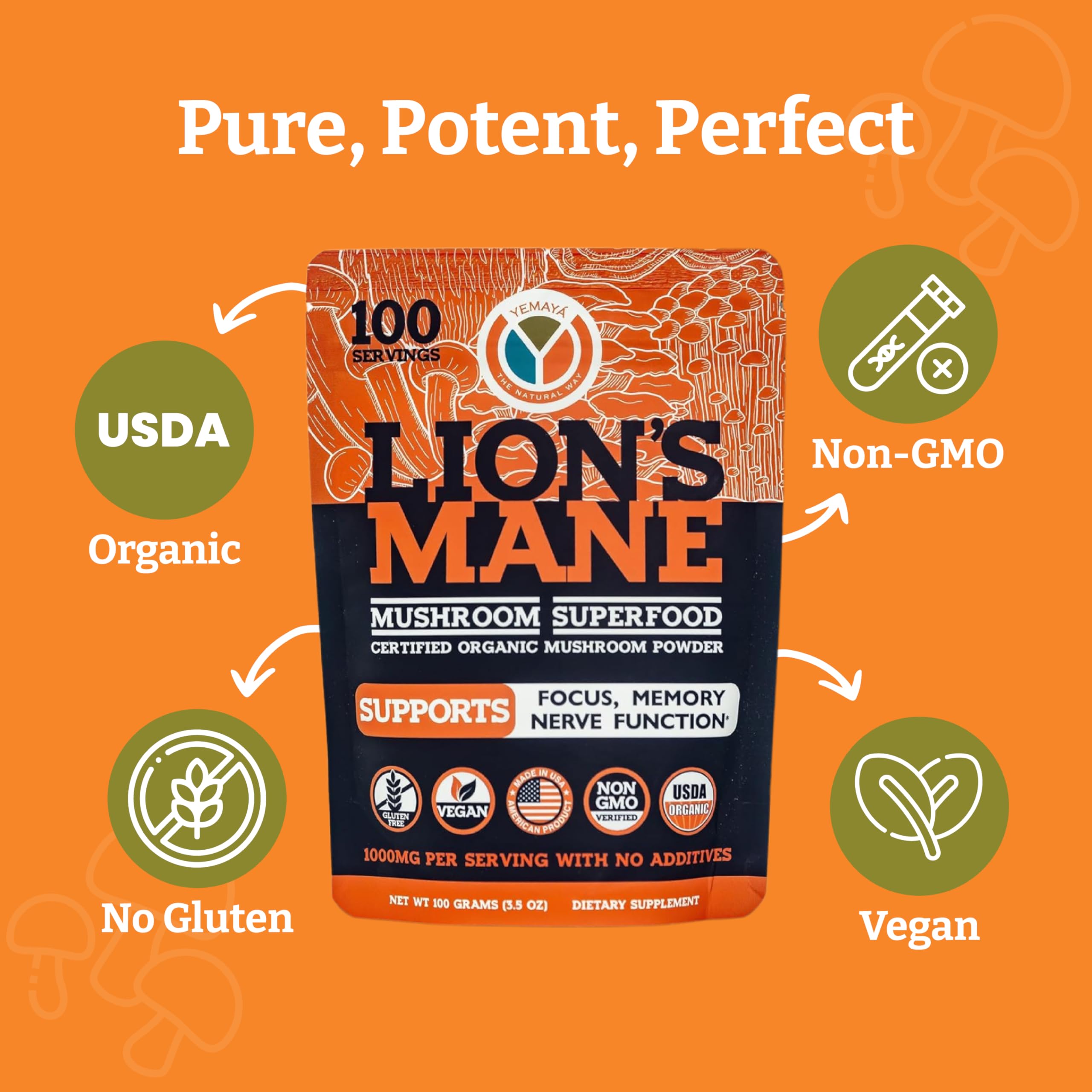 YEMAYA Organic Lion's Mane Mushroom Powder in a glass of water