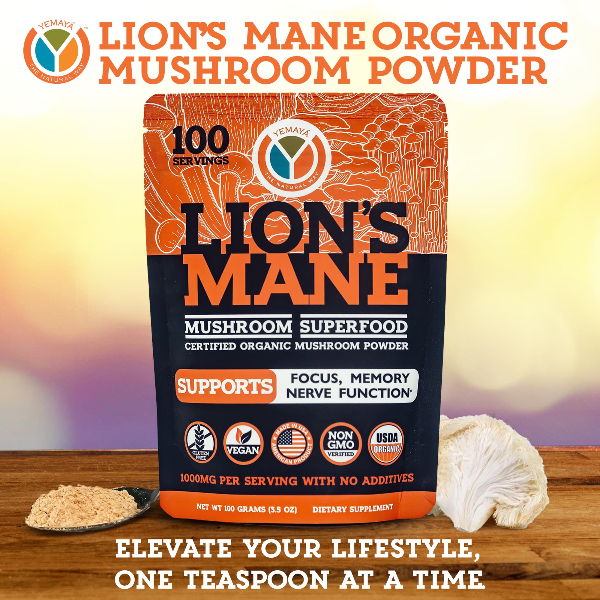 YEMAYA Organic Lion's Mane Mushroom Powder on a wooden table
