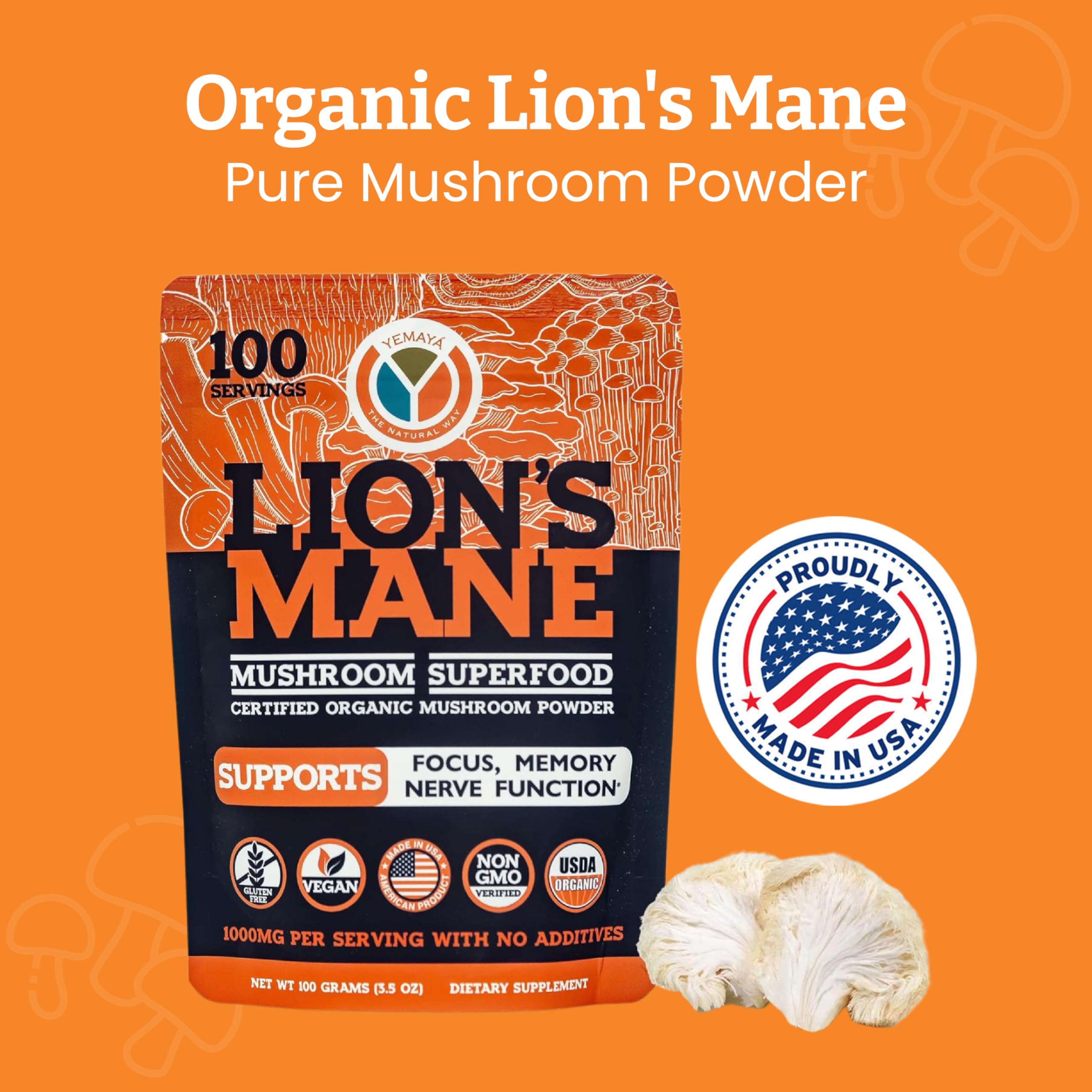 YEMAYA Organic Lion's Mane Mushroom Powder packaging