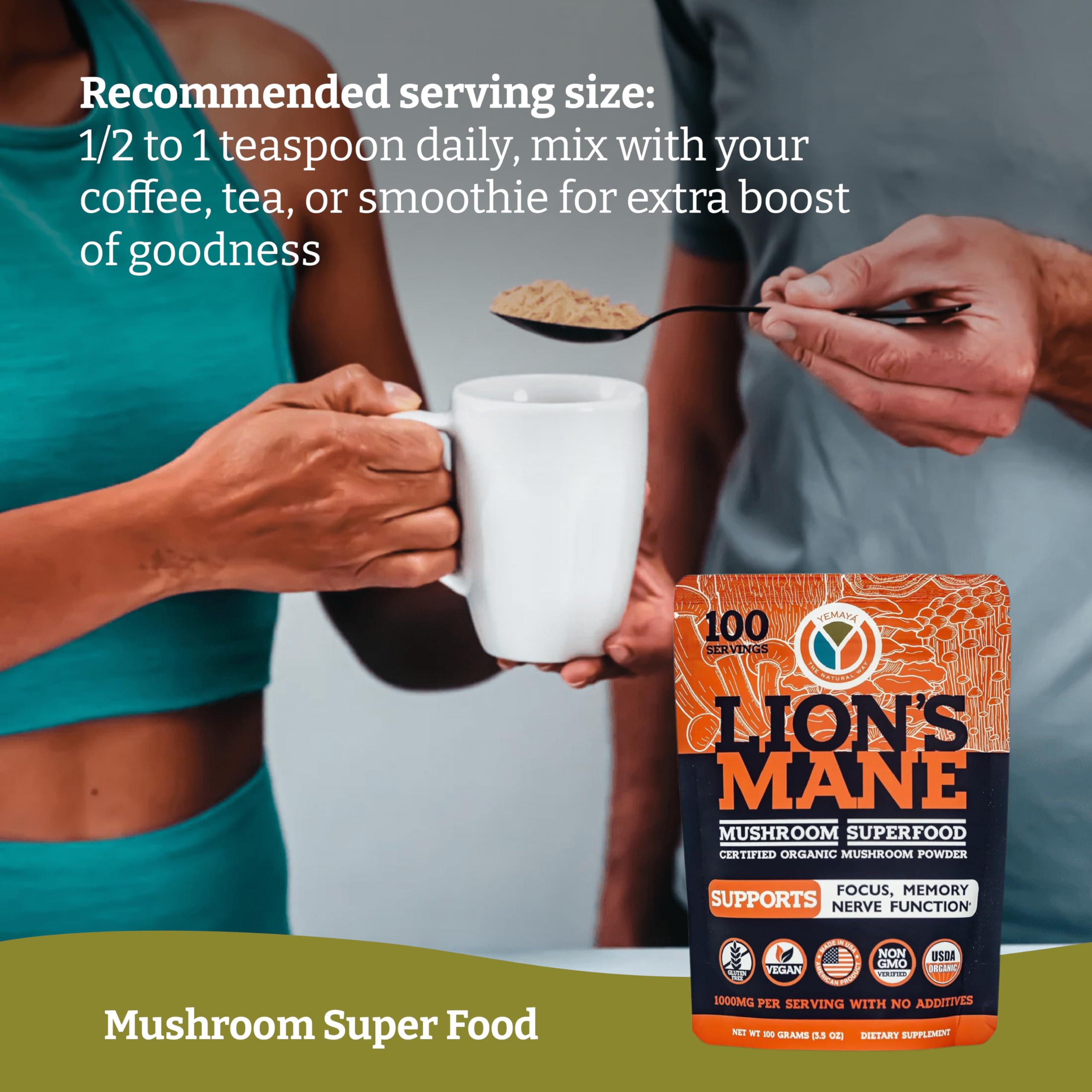 YEMAYA Organic Lion's Mane Mushroom Powder with coffee