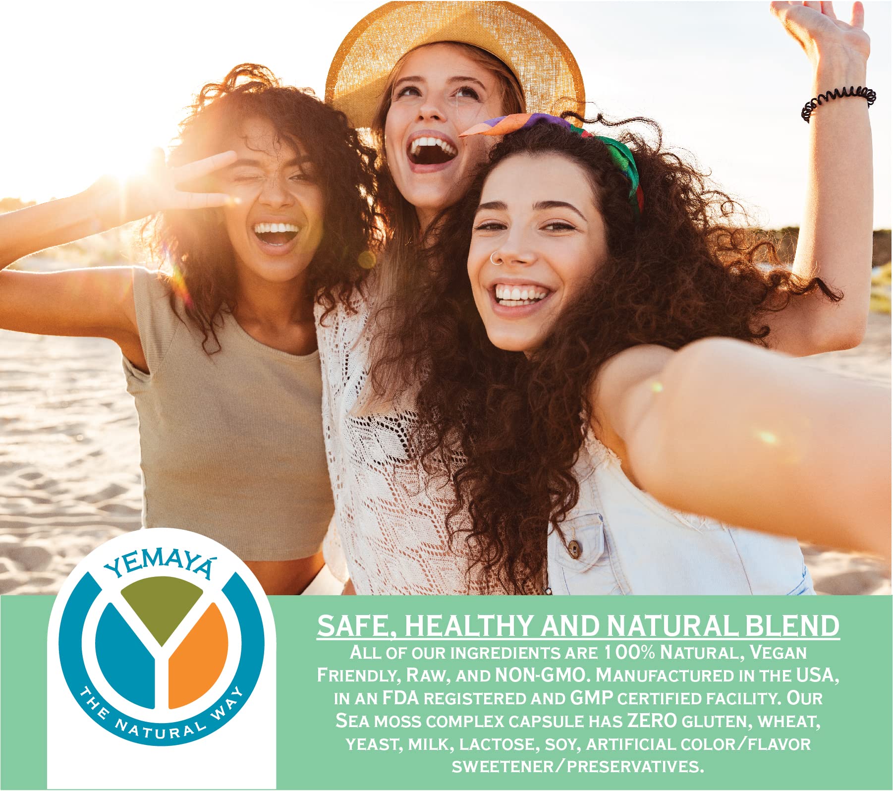 YEMAYA Sea Moss Bladderwrack Burdock Capsules bottle with natural background