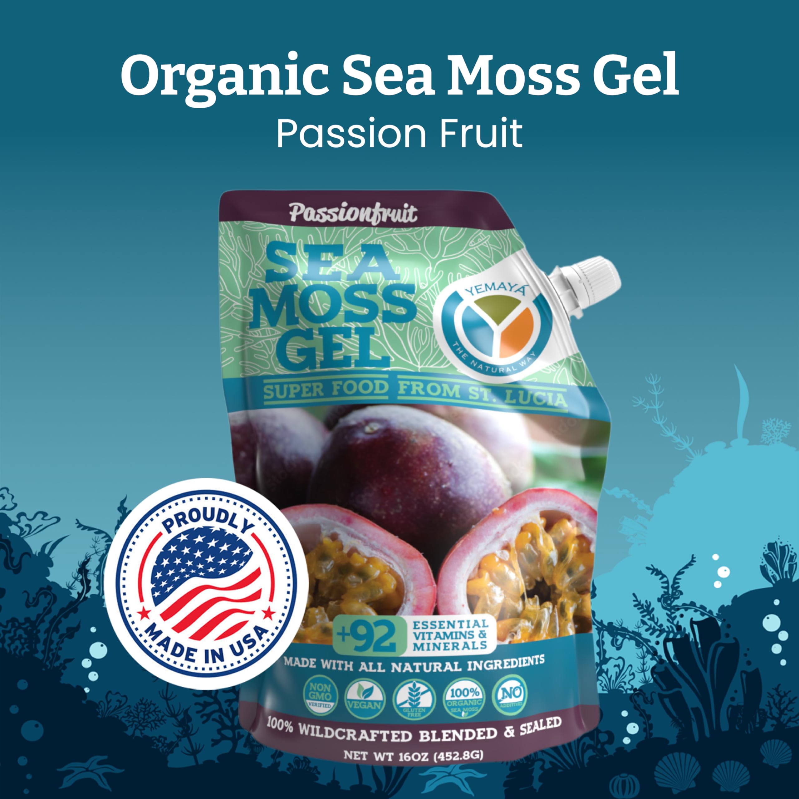 YEMAYA Sea Moss Gel packaging with natural fruit flavour