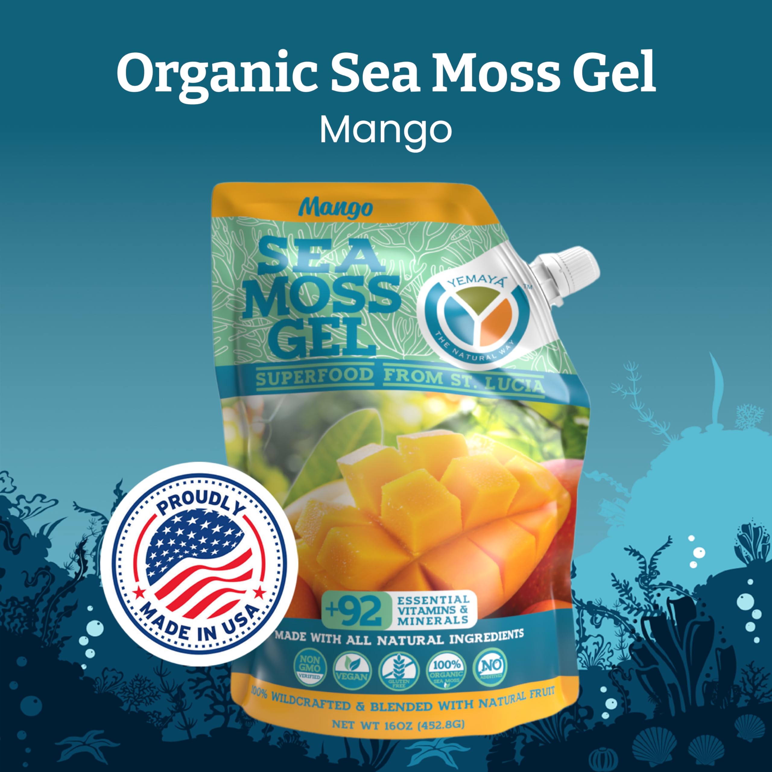 YEMAYA Sea Moss Gel packaging with natural fruit infusion