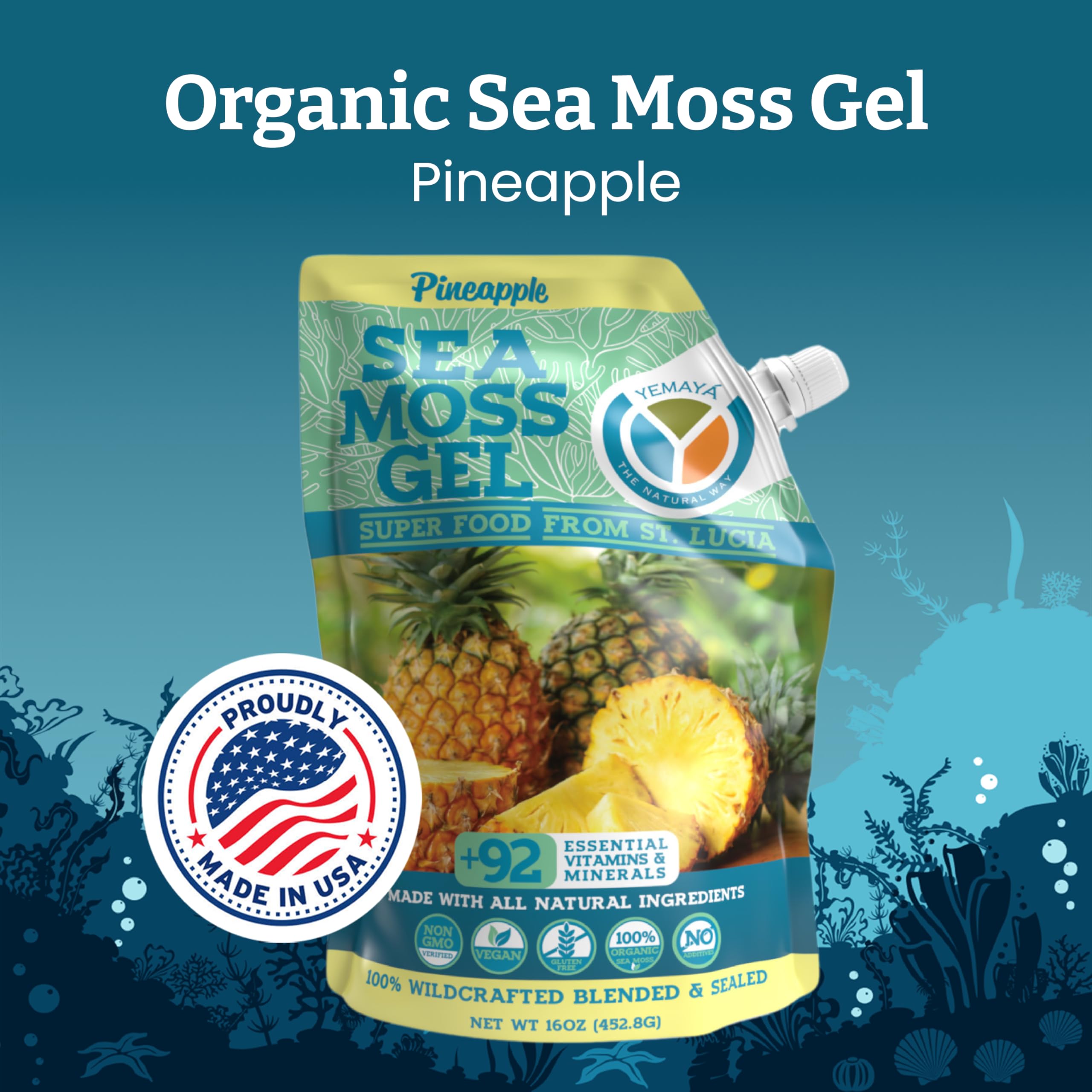 YEMAYA Sea Moss Gel with pineapple flavour packaging