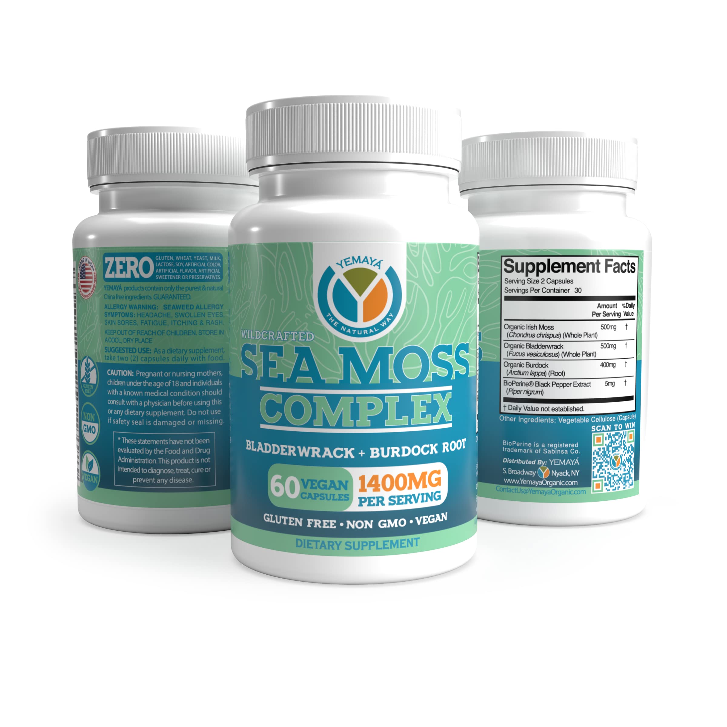 YEMAYA THE NATURAL WAY Sea Moss Bladderwrack Burdock Capsules bottle front view
