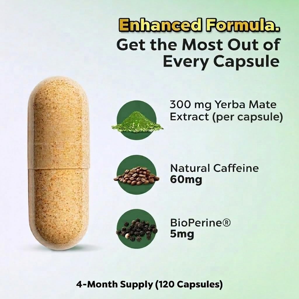 Yerba Mateine Yerba Mate Capsules side view with BioPerine