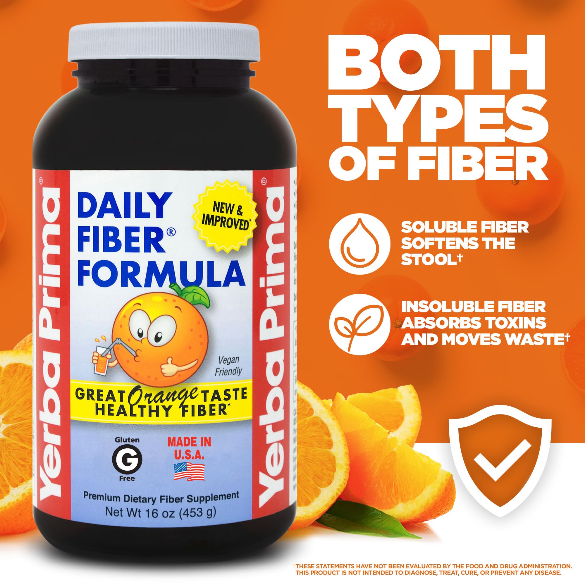 Yerba Prima Daily Fiber Formula Orange Powder 16oz scoop and powder