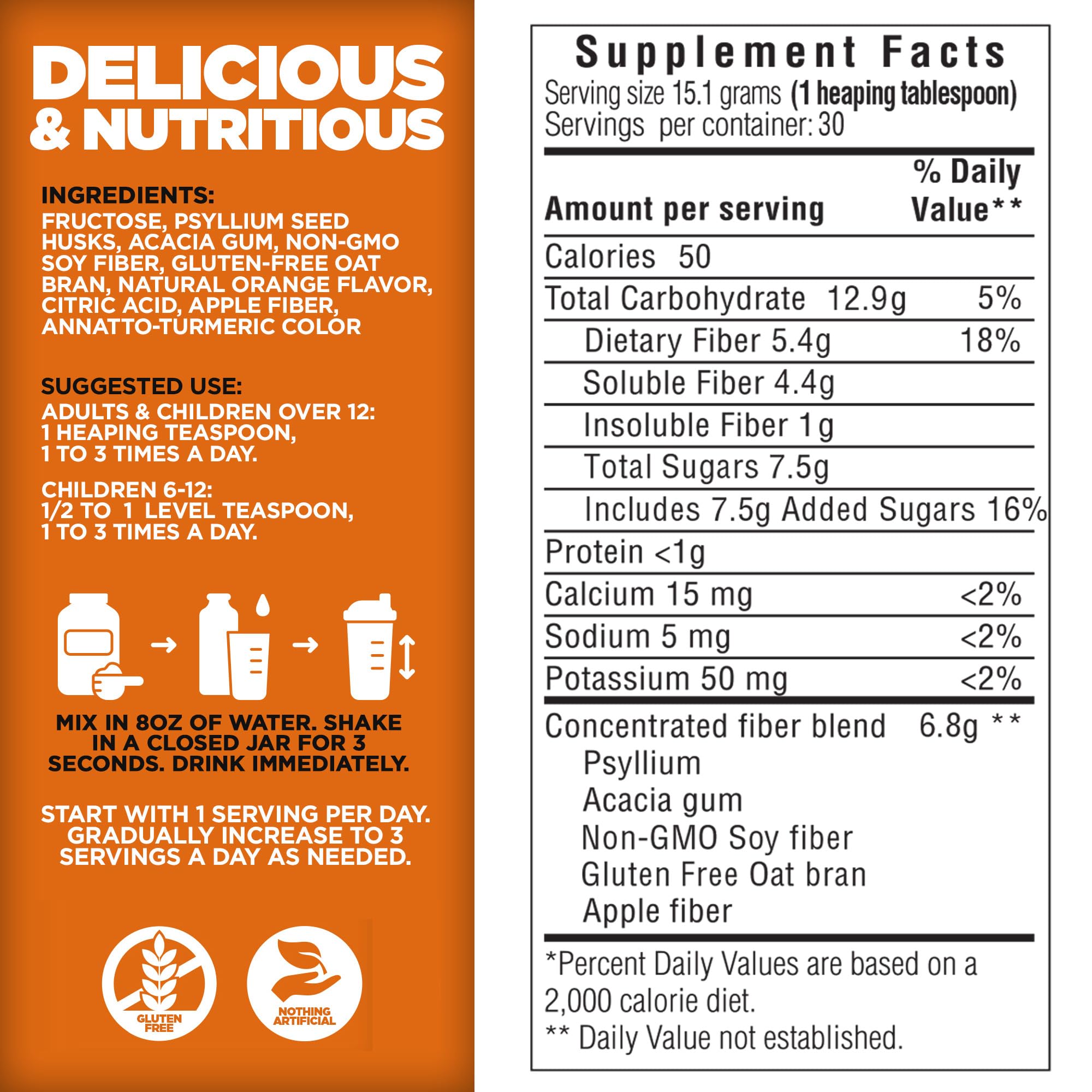 Yerba Prima Daily Fiber Formula Orange Powder 16oz side view