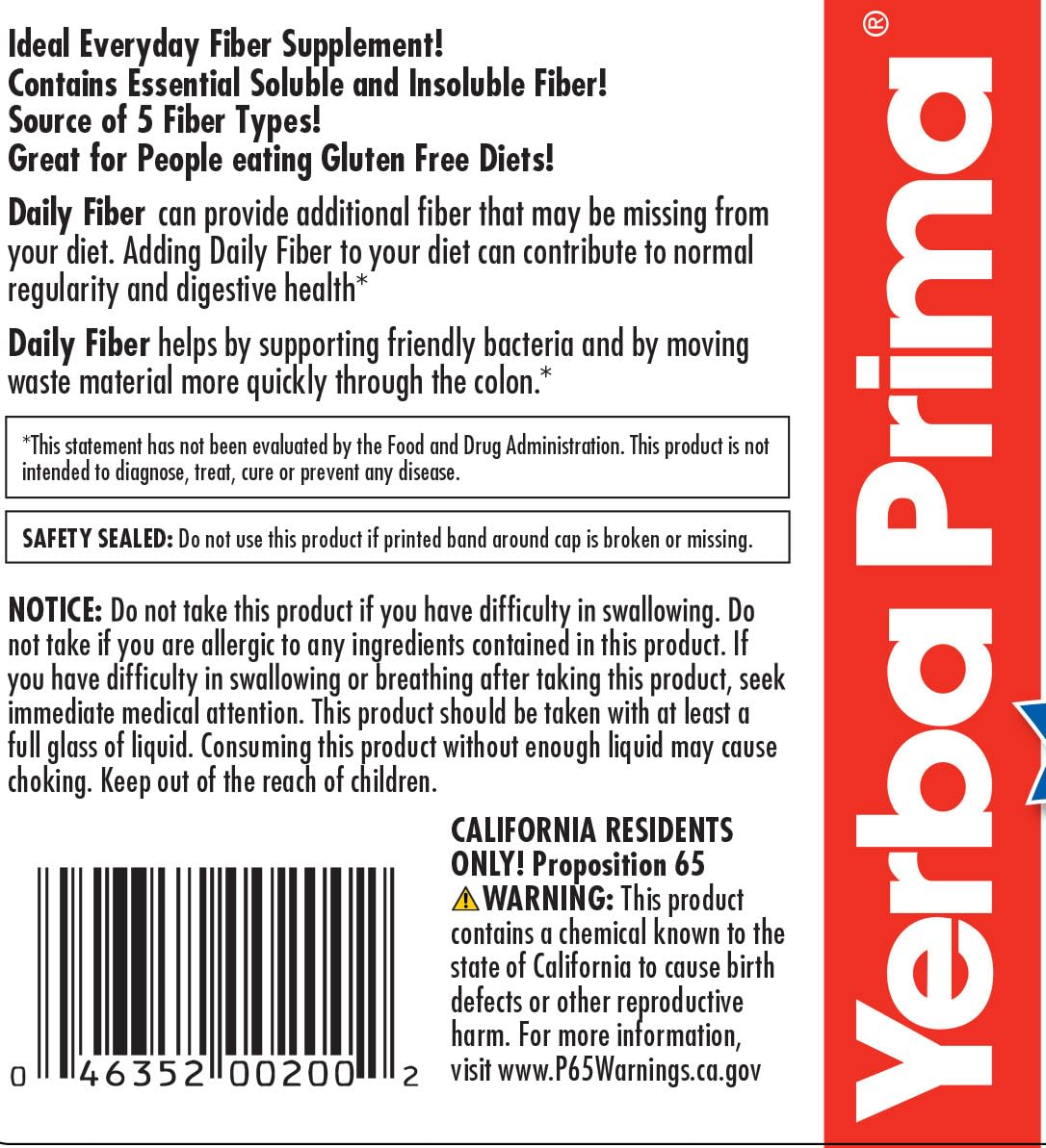 Yerba Prima Daily Fiber Formula Powder 12 Ounce ingredients list