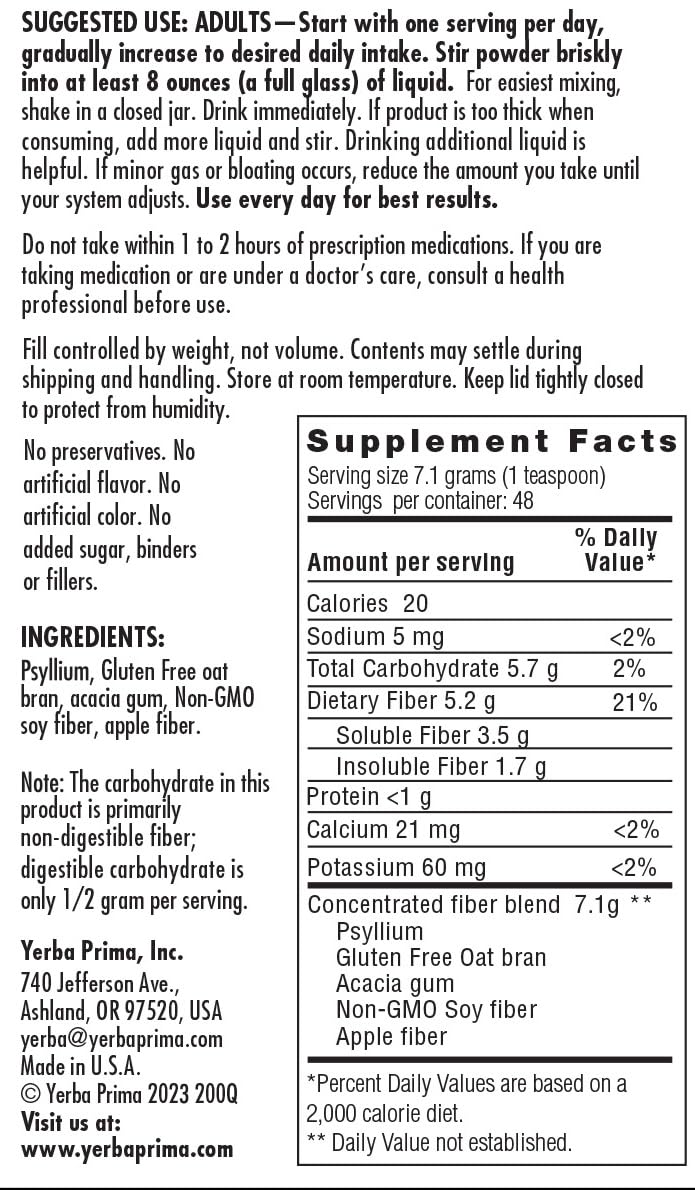 Yerba Prima Daily Fiber Formula Powder 390g back view