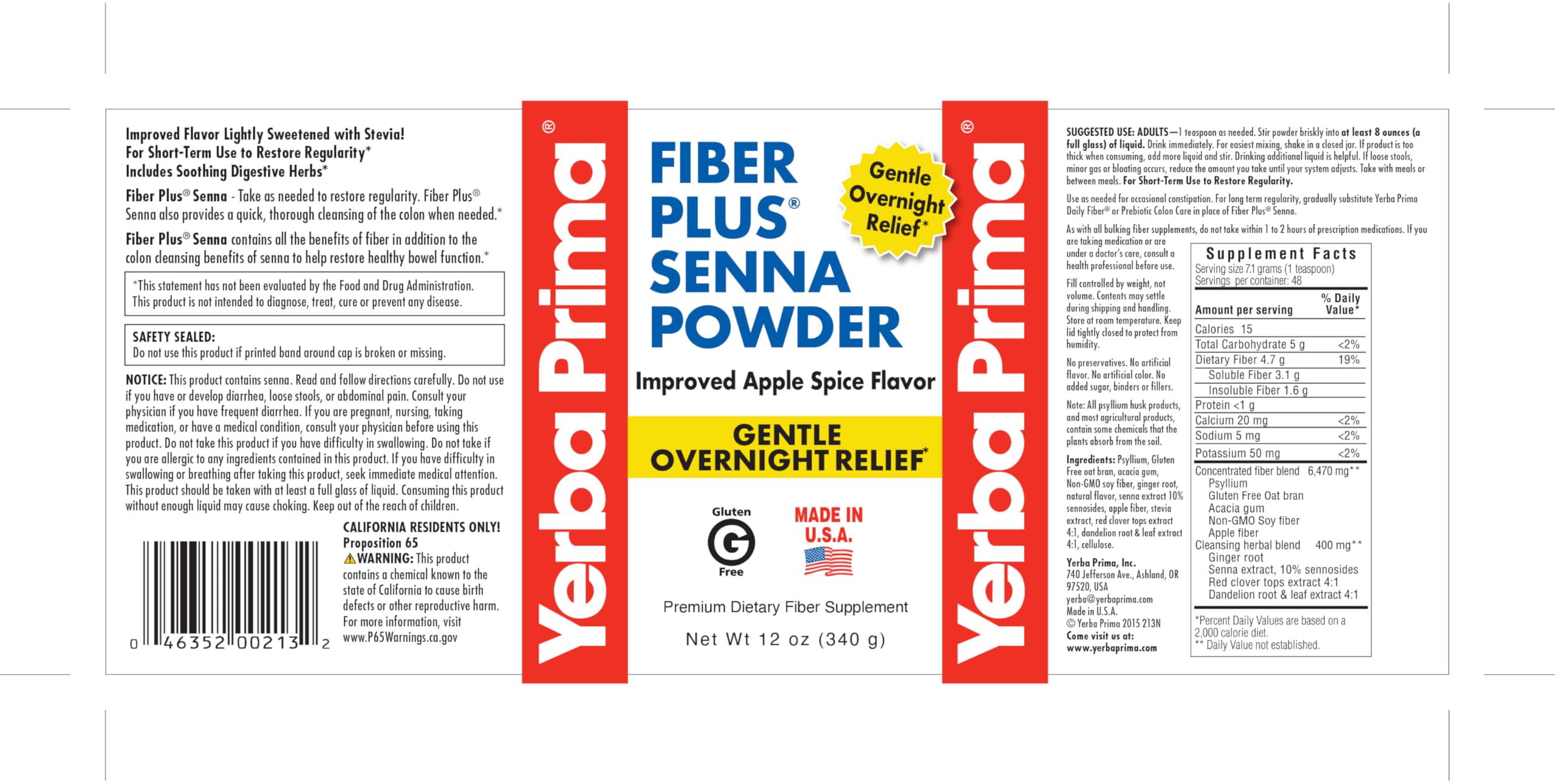 Yerba Prima Fiber Plus Senna 340g powder packaging with stevia